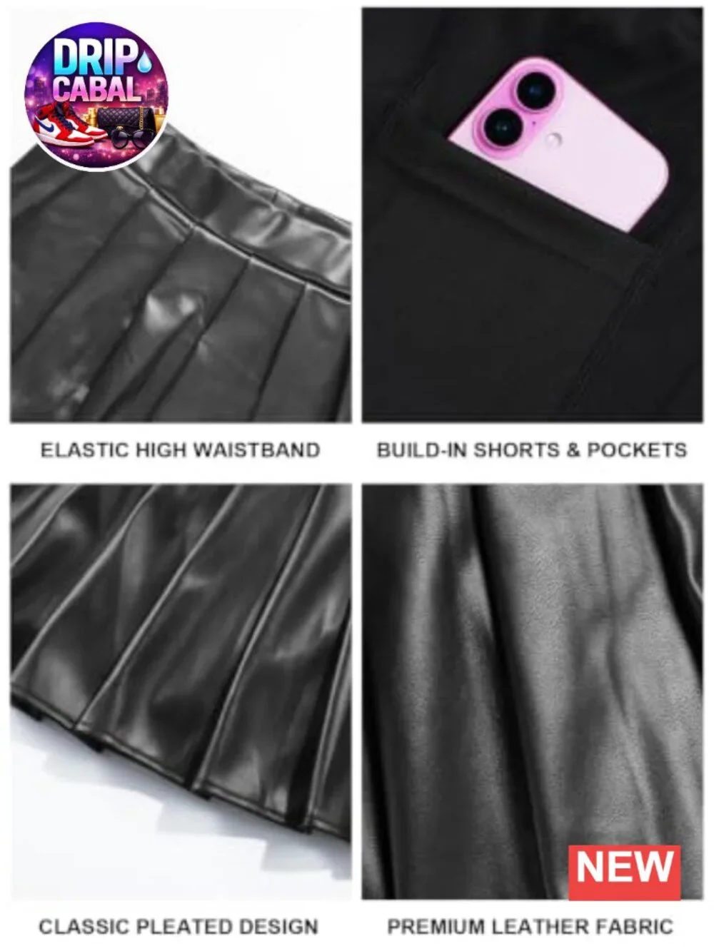 Women's Pleated Mini Skirt with Built-in Shorts & Pockets Faux Leather Skater